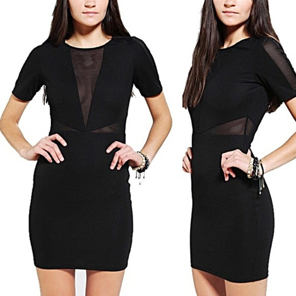 Lucca Couture Black Mesh Panel Bodycon Mini Dress S Sheer Cutout Pencil Zip Back